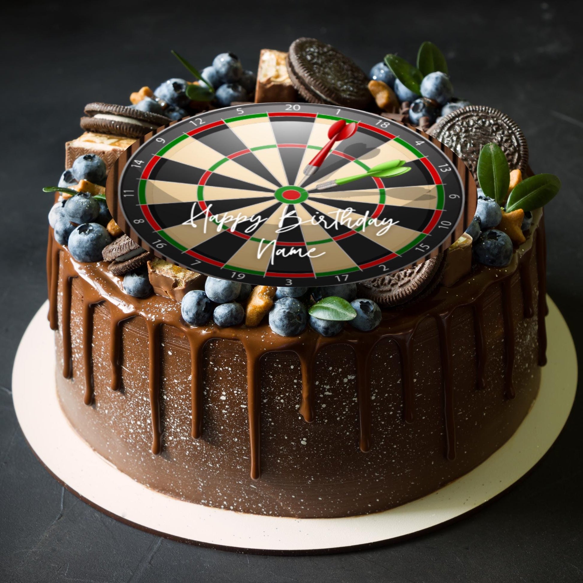 Personalised Darts Board Cake Toppers: Edible Icing or Wafer Also Stickers and Balloons