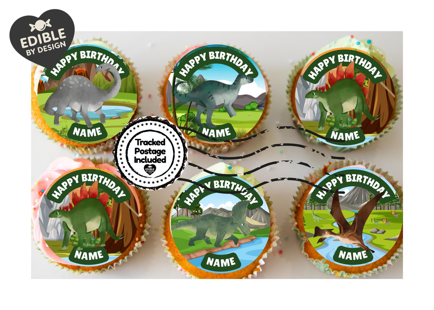 Personalised Dinosaur Happy Birthday Cake Toppers matching Invitations Stickers Balloon Party Pack