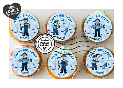 Personalised Fishing Cake Toppers: Edible Icing or Wafer - Stickers, Invitations, Foil Balloon