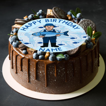 Personalised Fishing Cake Toppers: Edible Icing or Wafer - Stickers, Invitations, Foil Balloon
