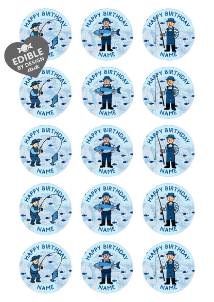 Personalised Fishing Cake Toppers: Edible Icing or Wafer - Stickers, Invitations, Foil Balloon