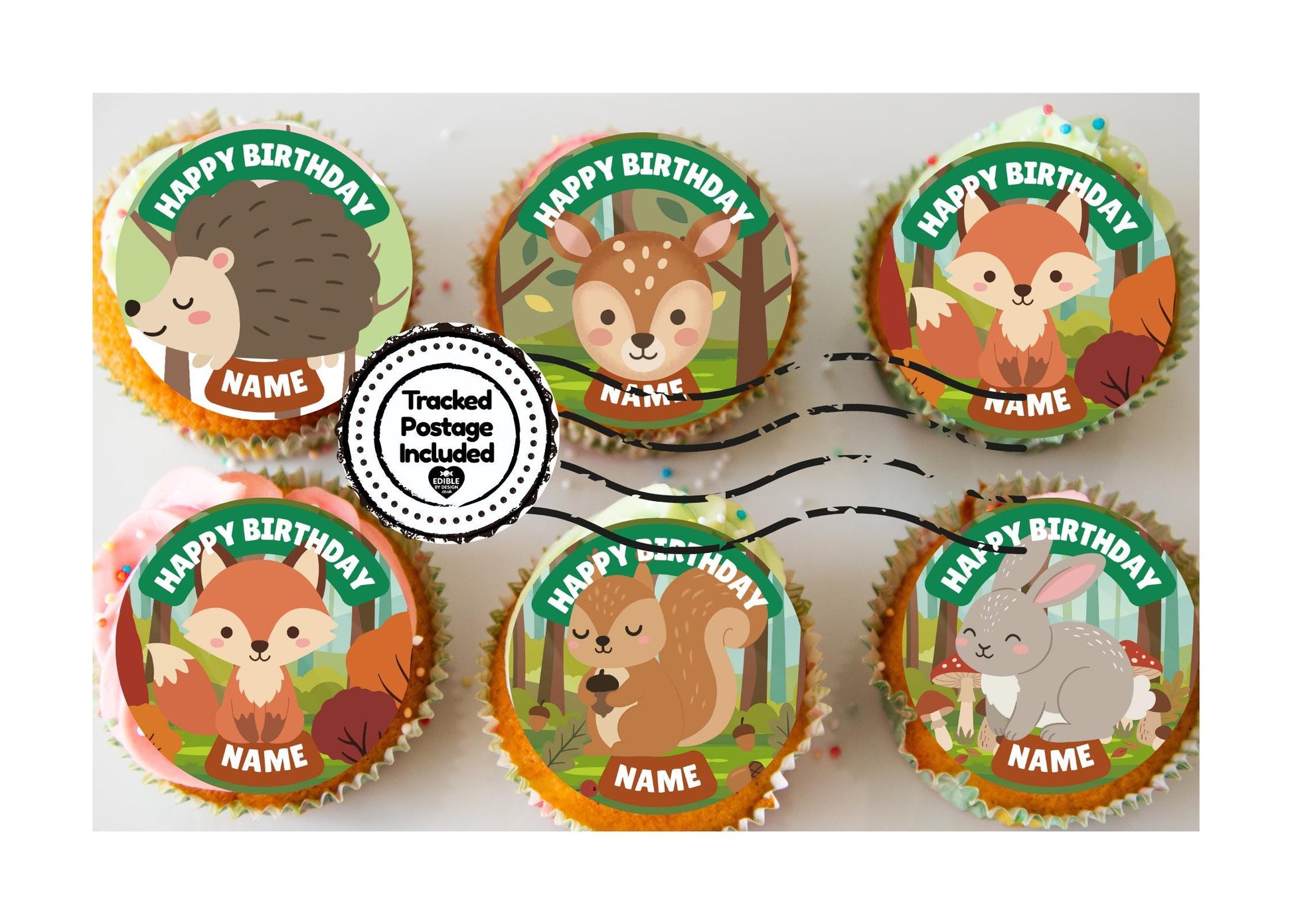 Personalised Forest Animal Cake Toppers: Edible Icing or Wafer matching Invitations Stickers Balloon Party Pack