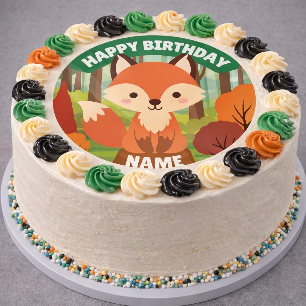 Personalised Forest Animal Cake Toppers: Edible Icing or Wafer matching Invitations Stickers Balloon Party Pack
