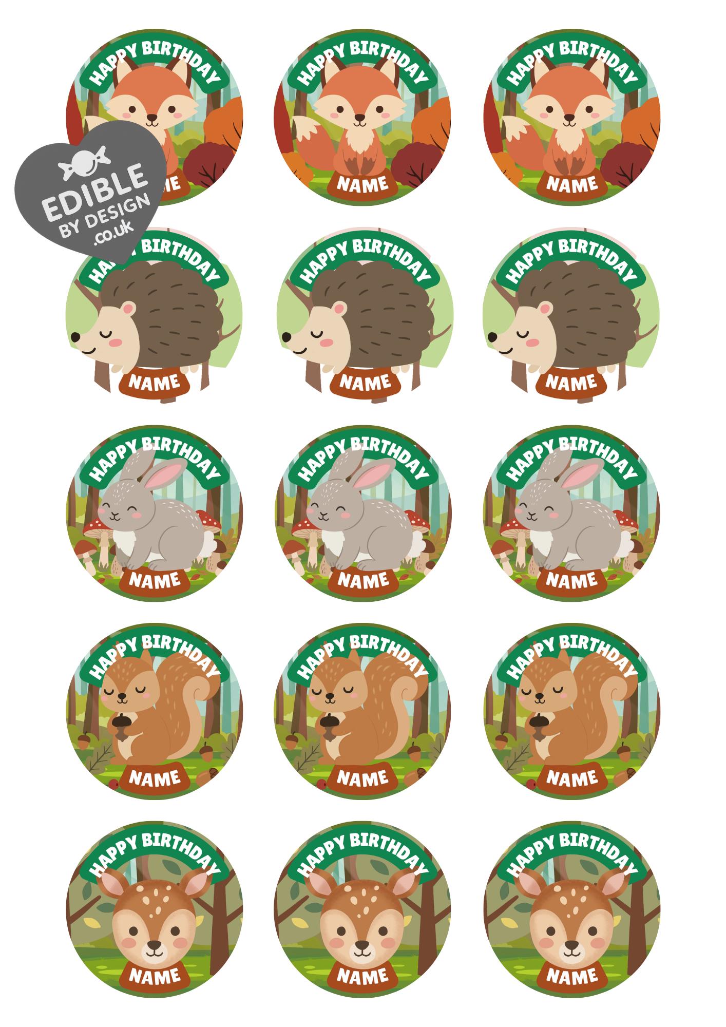 Personalised Forest Animal Cake Toppers: Edible Icing or Wafer matching Invitations Stickers Balloon Party Pack