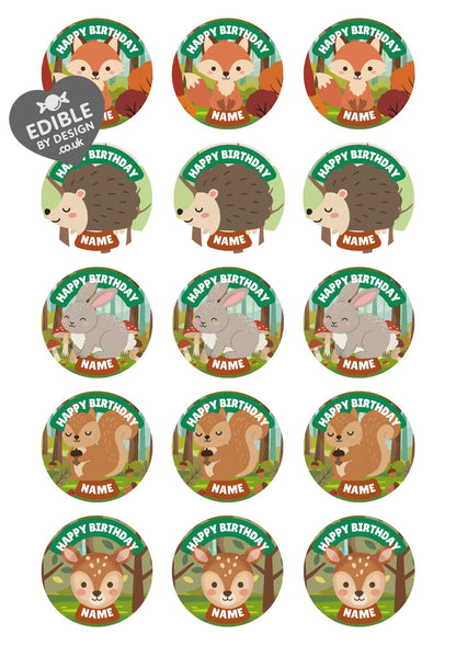 Personalised Forest Animal Cake Toppers: Edible Icing or Wafer matching Invitations Stickers Balloon Party Pack