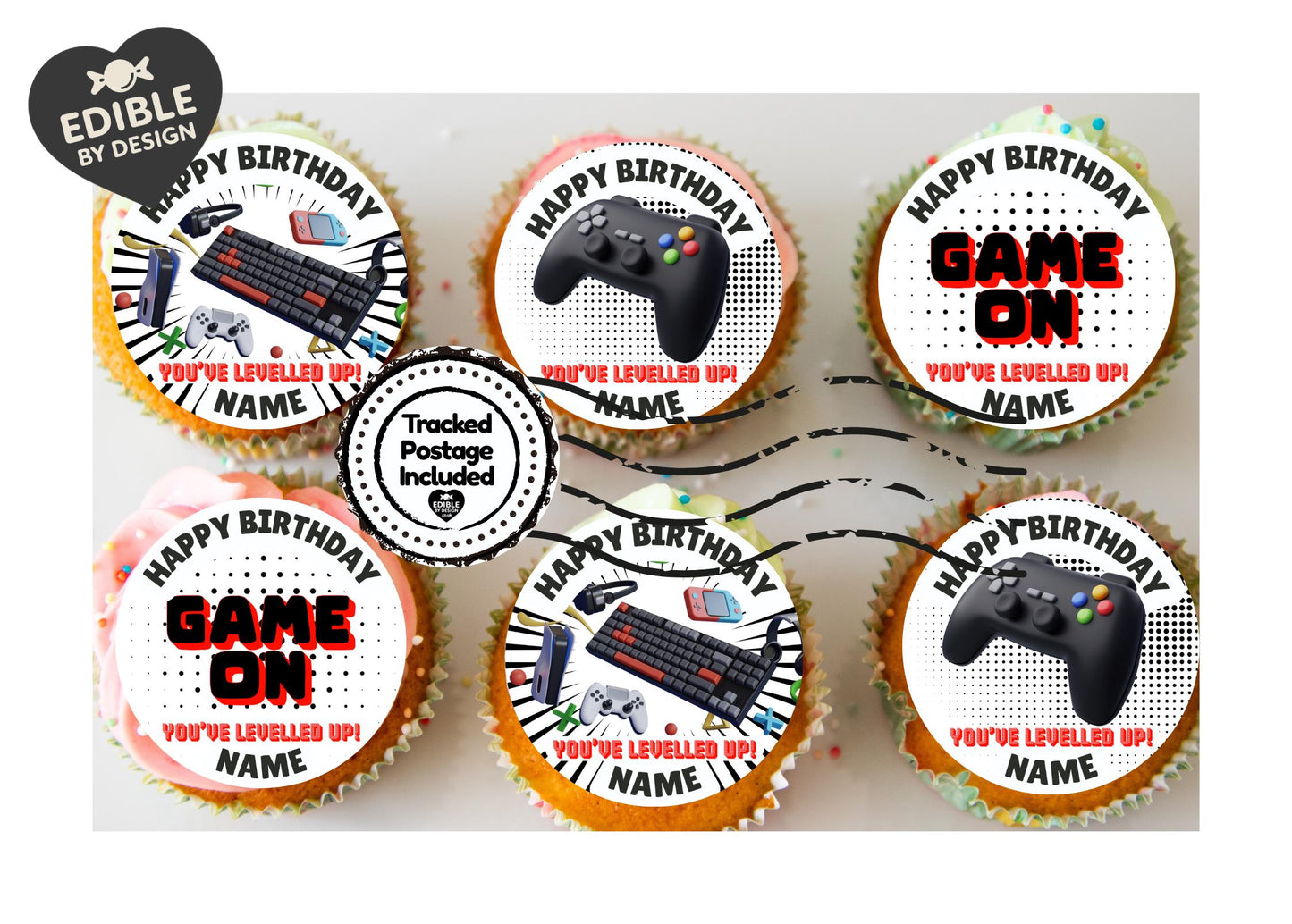 Personalised Gamer Theme Birthday Cake Toppers Edible matching Invitations Stickers Balloon Party Pack