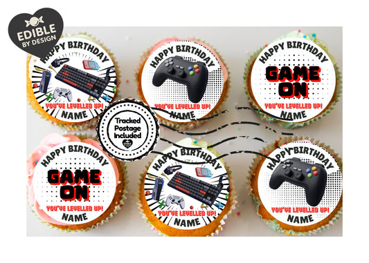 Personalised Gamer Theme Birthday Cake Toppers Edible matching Invitations Stickers Balloon Party Pack
