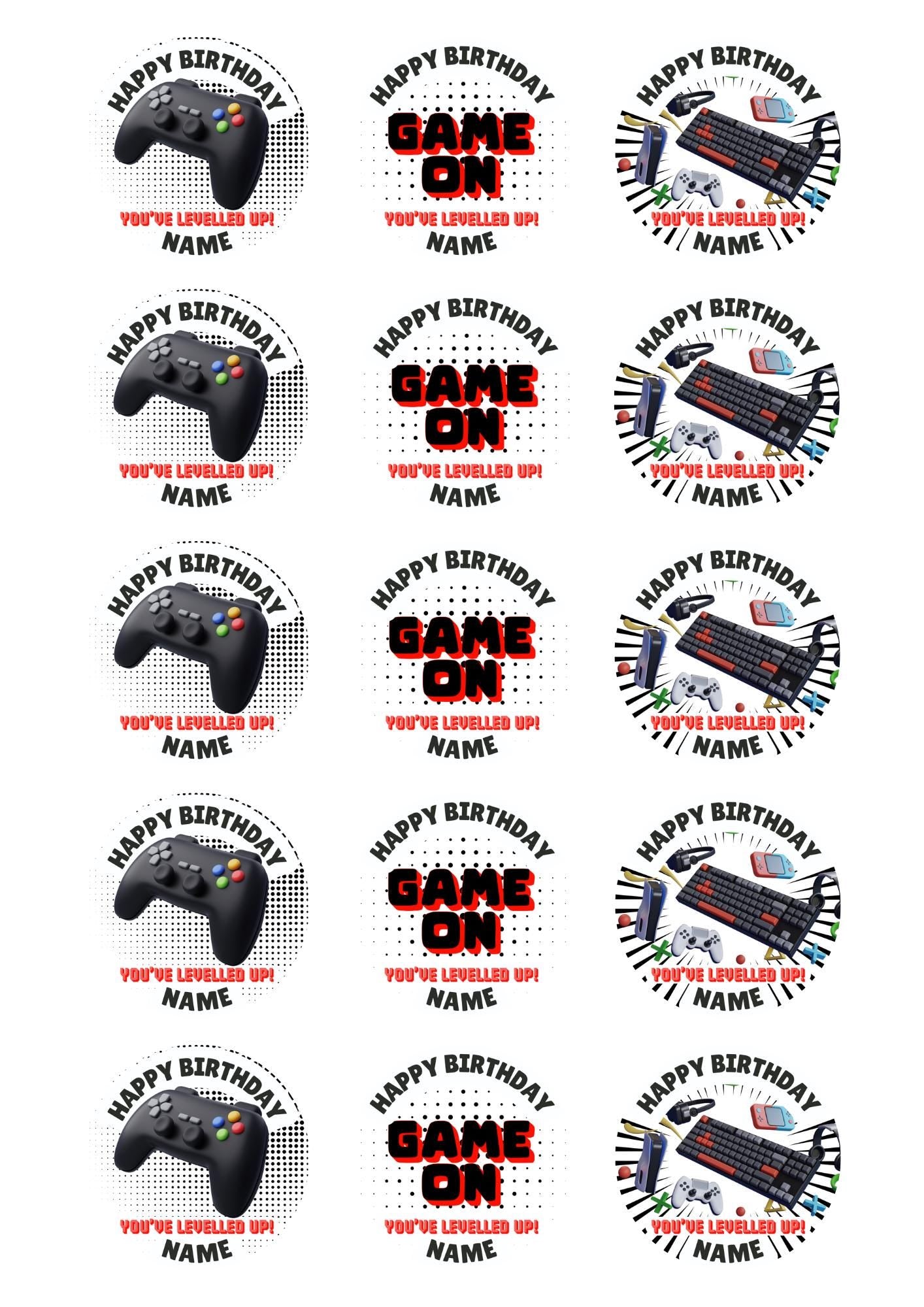 Personalised Gamer Theme Birthday Cake Toppers Edible matching Invitations Stickers Balloon Party Pack