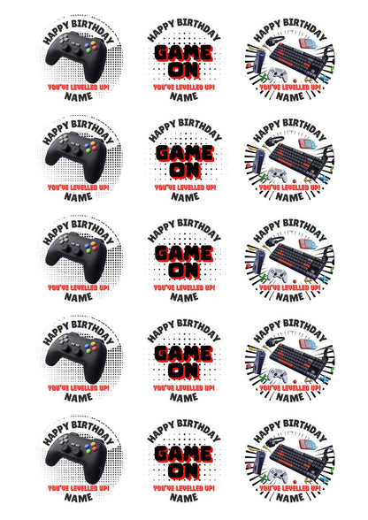 Personalised Gamer Theme Birthday Cake Toppers Edible matching Invitations Stickers Balloon Party Pack