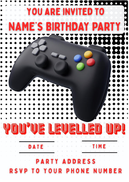 Personalised Gamer Theme Birthday Cake Toppers Edible matching Invitations Stickers Balloon Party Pack