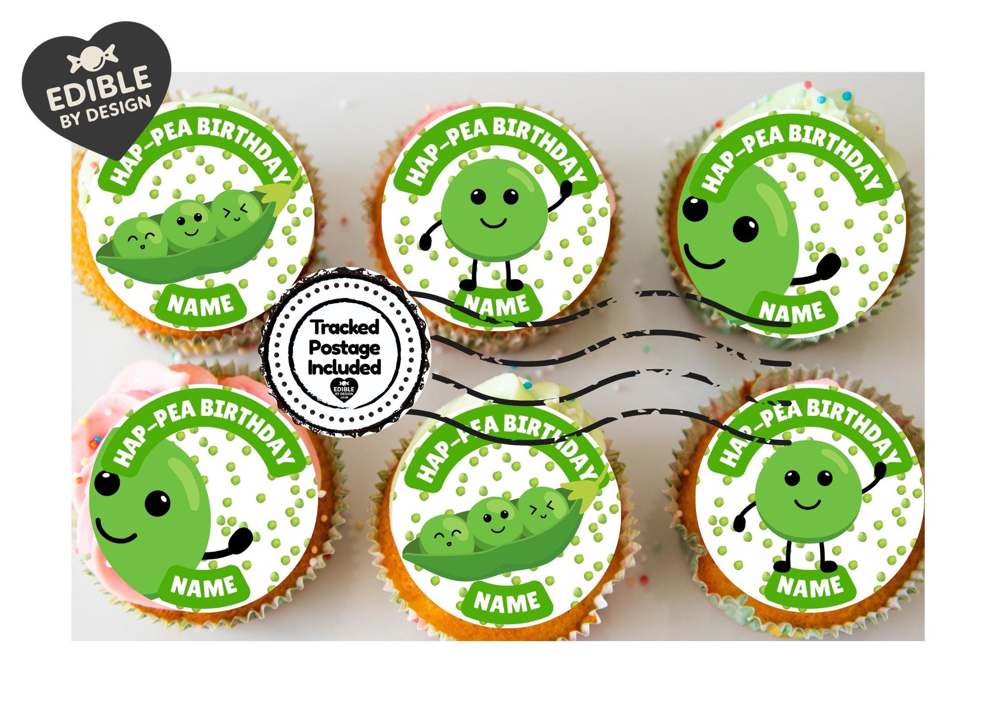 Personalised Hap-pea Birthday Cake Toppers: Edible Icing or Wafer matching Invitations Stickers Balloon Party Pack