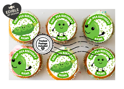 Personalised Hap-pea Birthday Cake Toppers: Edible Icing or Wafer matching Invitations Stickers Balloon Party Pack