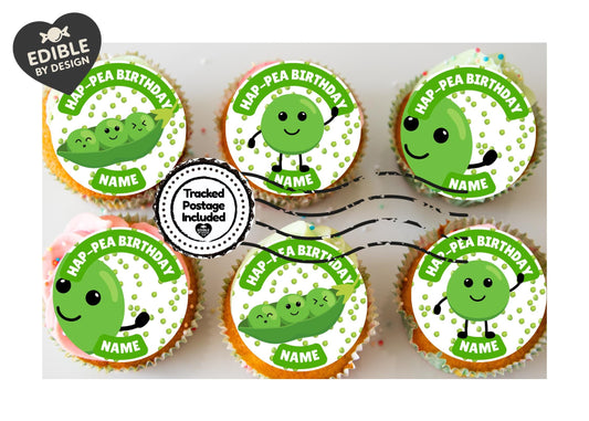 Personalised Hap-pea Birthday Cake Toppers: Edible Icing or Wafer matching Invitations Stickers Balloon Party Pack