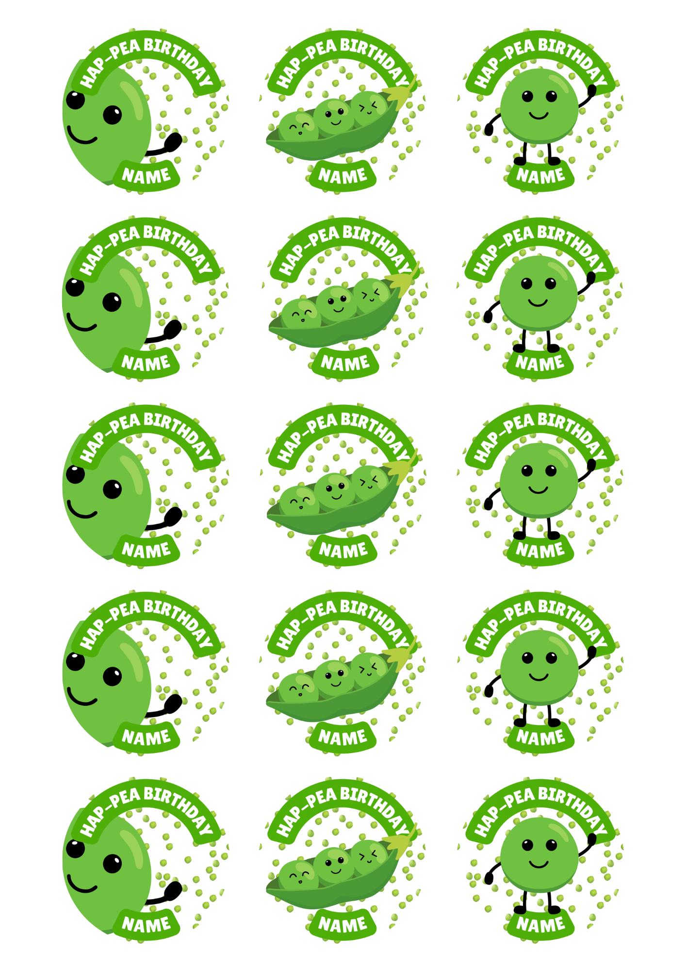 Personalised Hap-pea Birthday Cake Toppers: Edible Icing or Wafer matching Invitations Stickers Balloon Party Pack