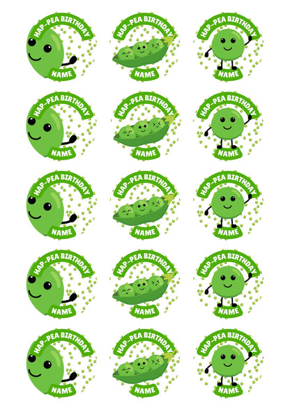 Personalised Hap-pea Birthday Cake Toppers: Edible Icing or Wafer matching Invitations Stickers Balloon Party Pack