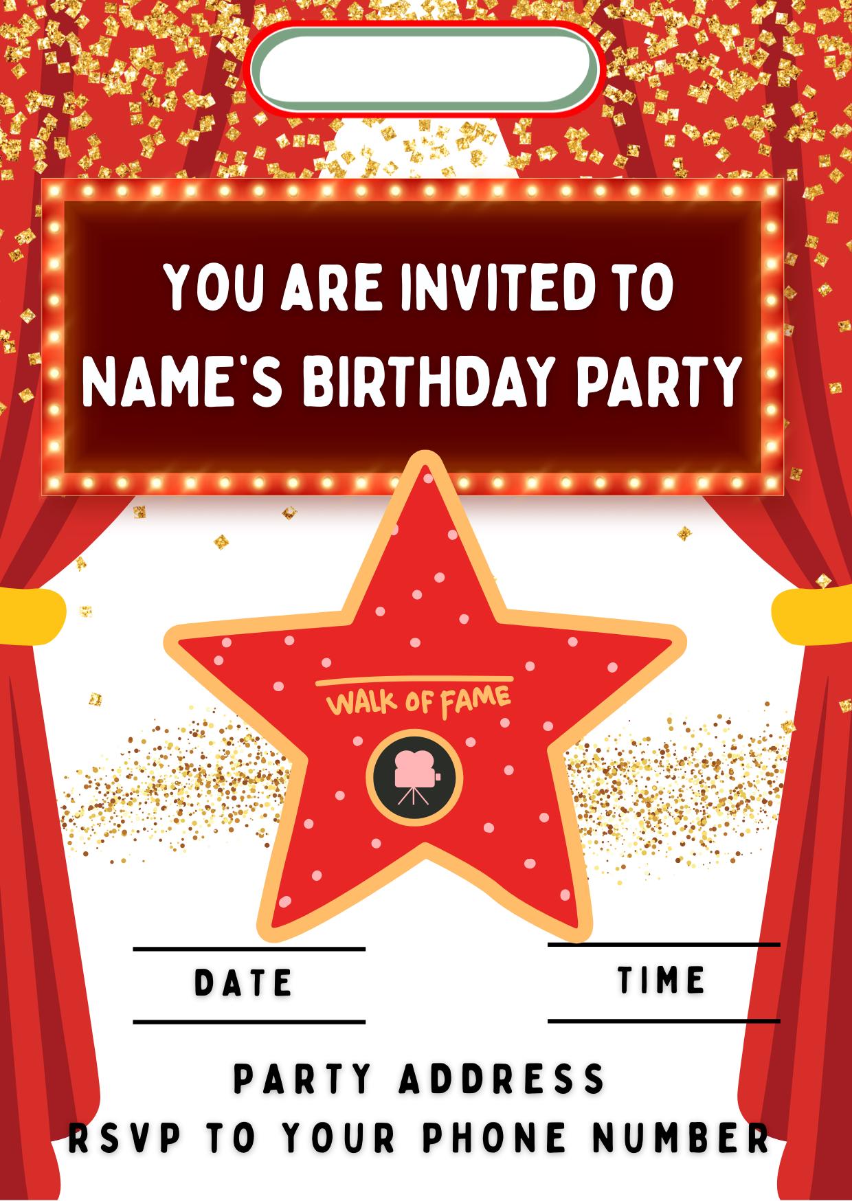 Personalised Hollywood Theme Cake Toppers: Red Carpet Oscar Theme Icing or Wafer matching Invitations Stickers Balloon & Party Pack