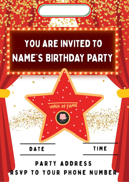Personalised Hollywood Theme Cake Toppers: Red Carpet Oscar Theme Icing or Wafer matching Invitations Stickers Balloon & Party Pack