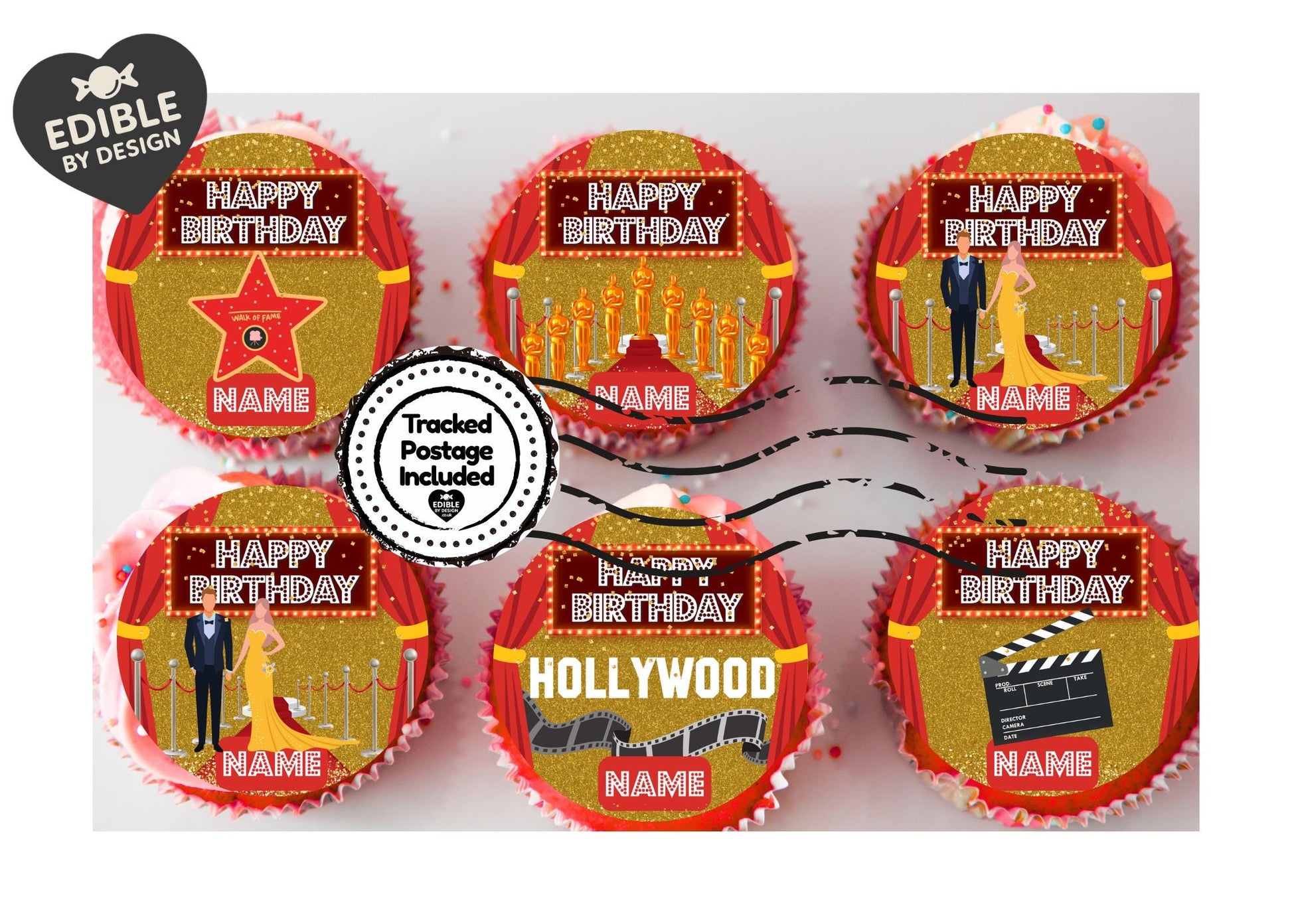 Personalised Hollywood Theme Cake Toppers: Red Carpet Oscar Theme Icing or Wafer matching Invitations Stickers Balloon & Party Pack
