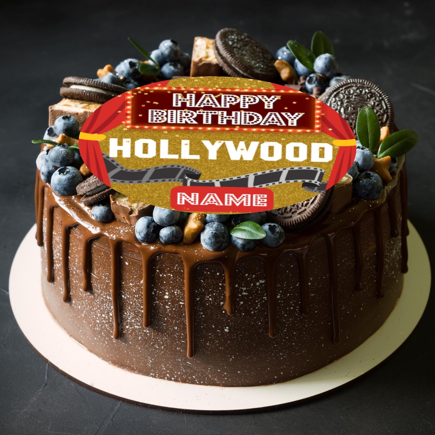 Personalised Hollywood Theme Cake Toppers: Red Carpet Oscar Theme Icing or Wafer matching Invitations Stickers Balloon & Party Pack