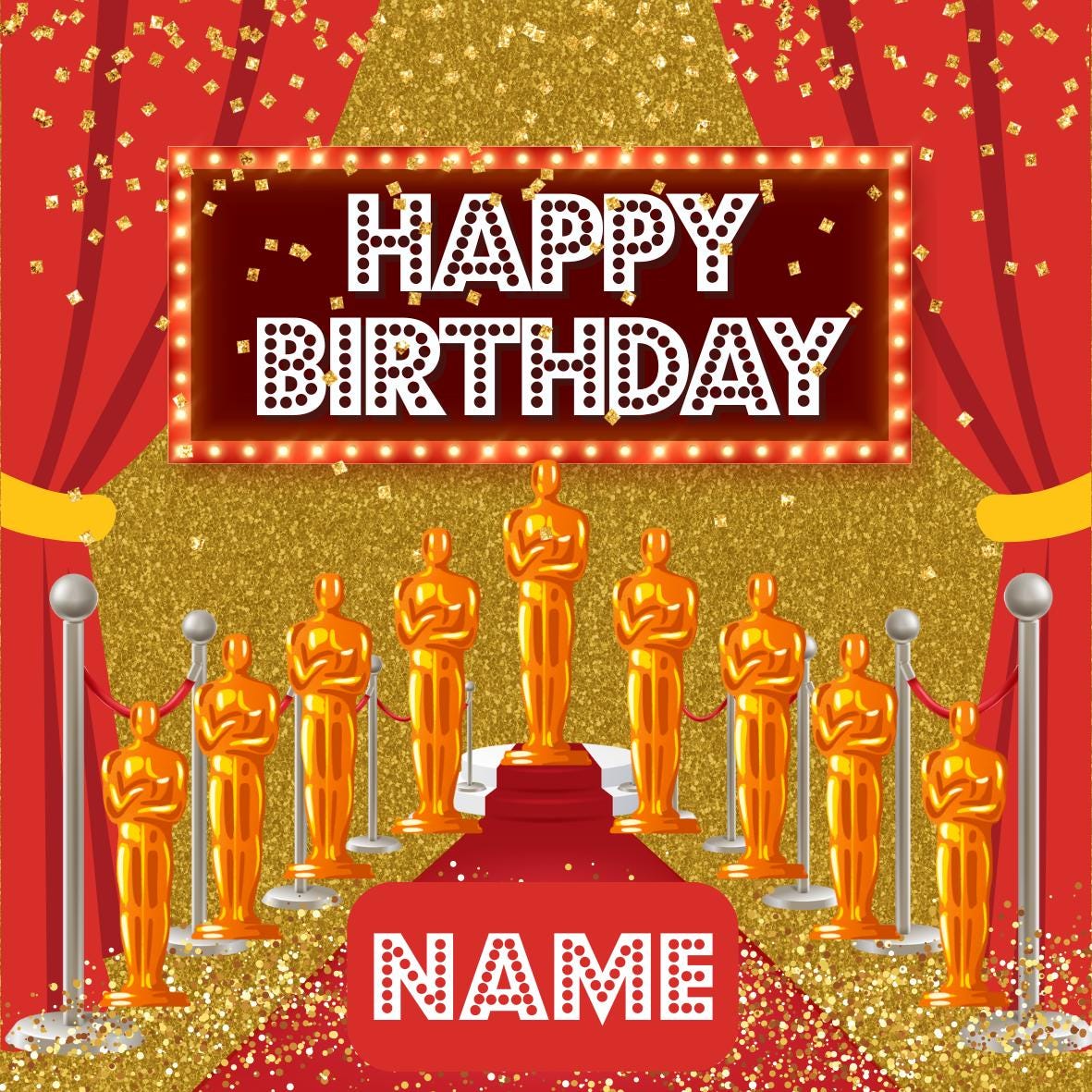 Personalised Hollywood Theme Cake Toppers: Red Carpet Oscar Theme Icing or Wafer matching Invitations Stickers Balloon & Party Pack