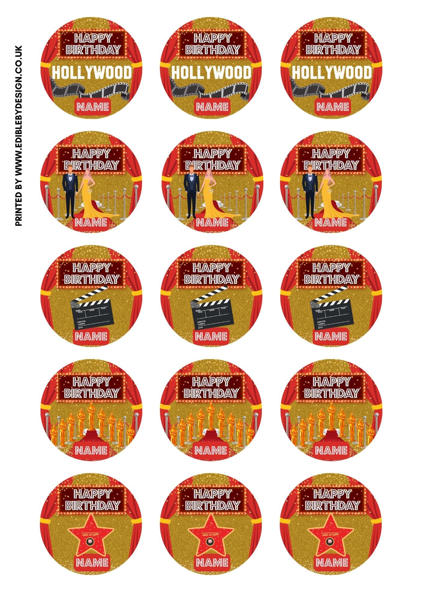Personalised Hollywood Theme Cake Toppers: Red Carpet Oscar Theme Icing or Wafer matching Invitations Stickers Balloon & Party Pack
