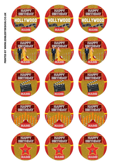 Personalised Hollywood Theme Cake Toppers: Red Carpet Oscar Theme Icing or Wafer matching Invitations Stickers Balloon & Party Pack