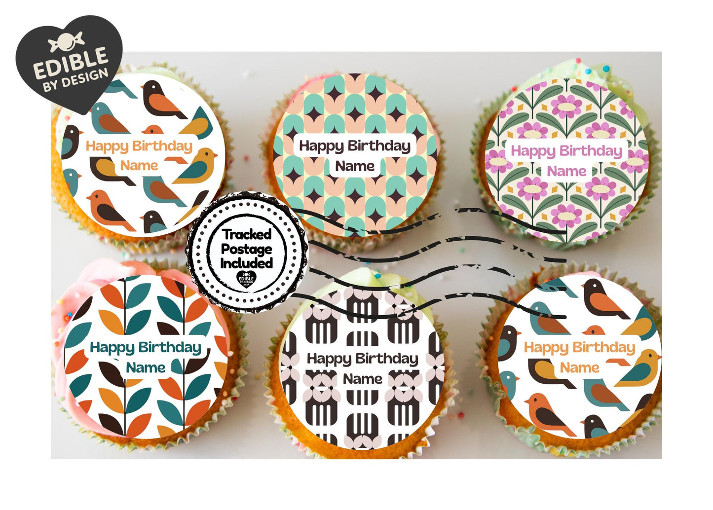 Personalised Mid Century Design Cake Toppers: Edible Icing or Wafer, Stickers, Invites, Balloon and Party Pack