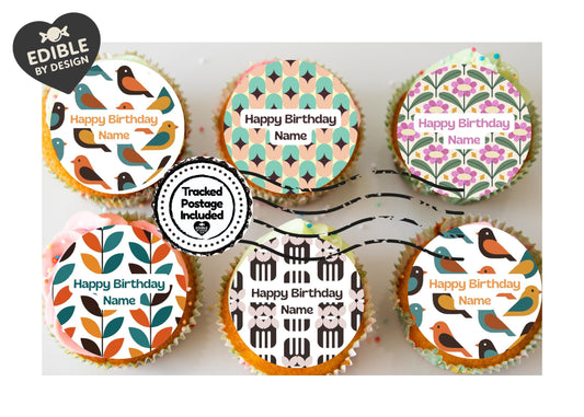 Personalised Mid Century Design Cake Toppers: Edible Icing or Wafer, Stickers, Invites, Balloon and Party Pack