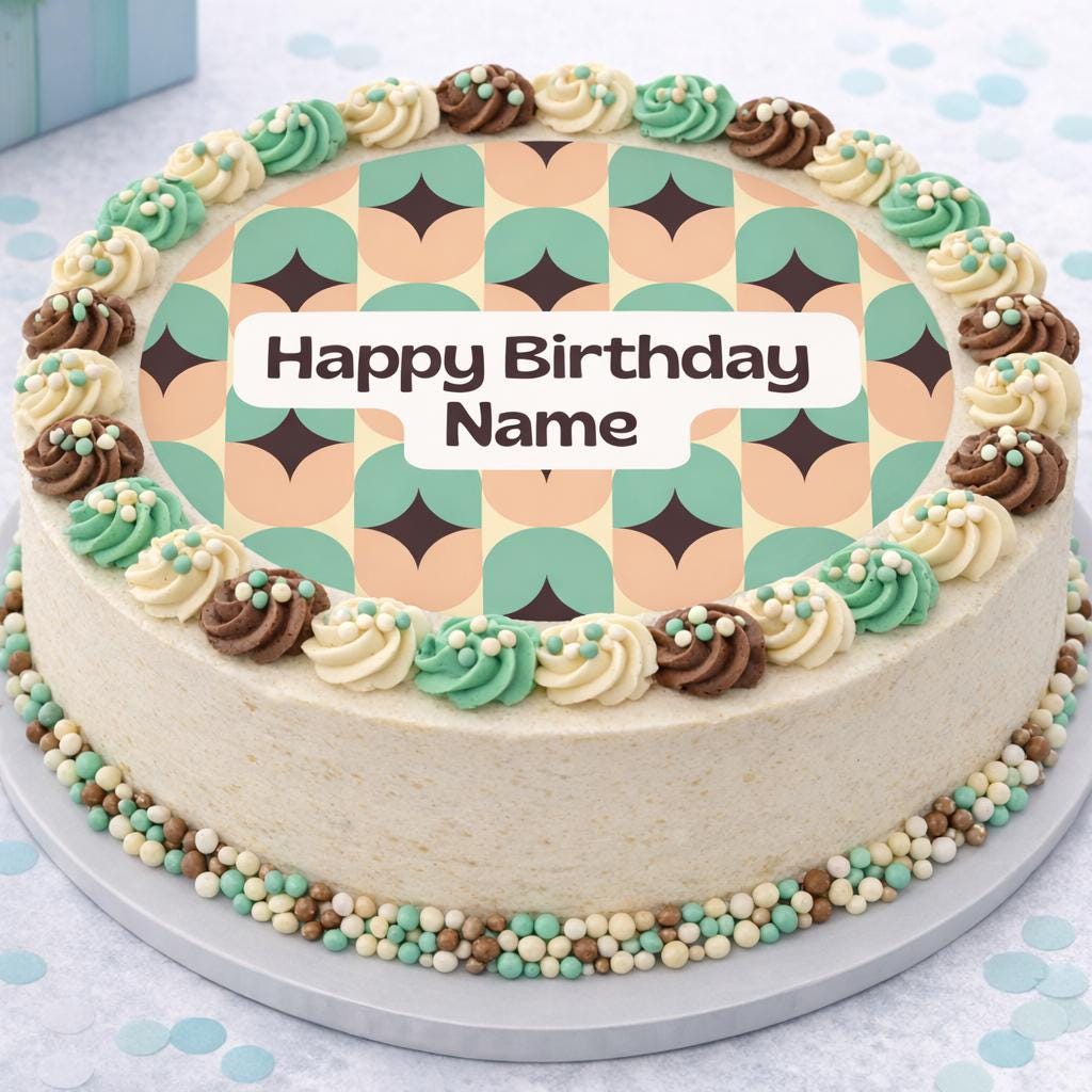 Personalised Mid Century Design Cake Toppers: Edible Icing or Wafer, Stickers, Invites, Balloon and Party Pack