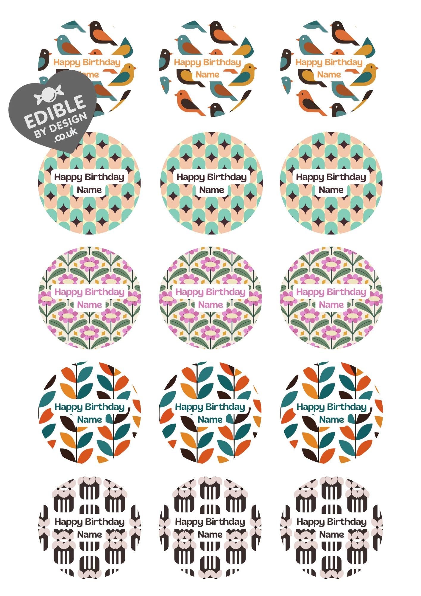 Personalised Mid Century Design Cake Toppers: Edible Icing or Wafer, Stickers, Invites, Balloon and Party Pack