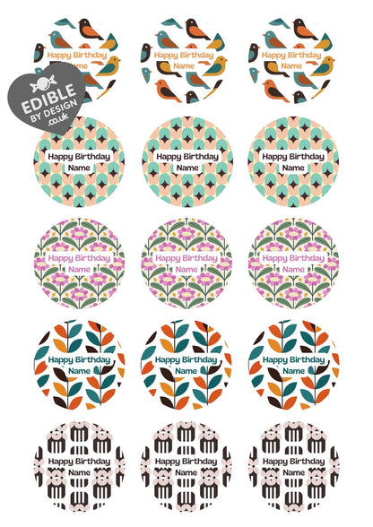 Personalised Mid Century Design Cake Toppers: Edible Icing or Wafer, Stickers, Invites, Balloon and Party Pack