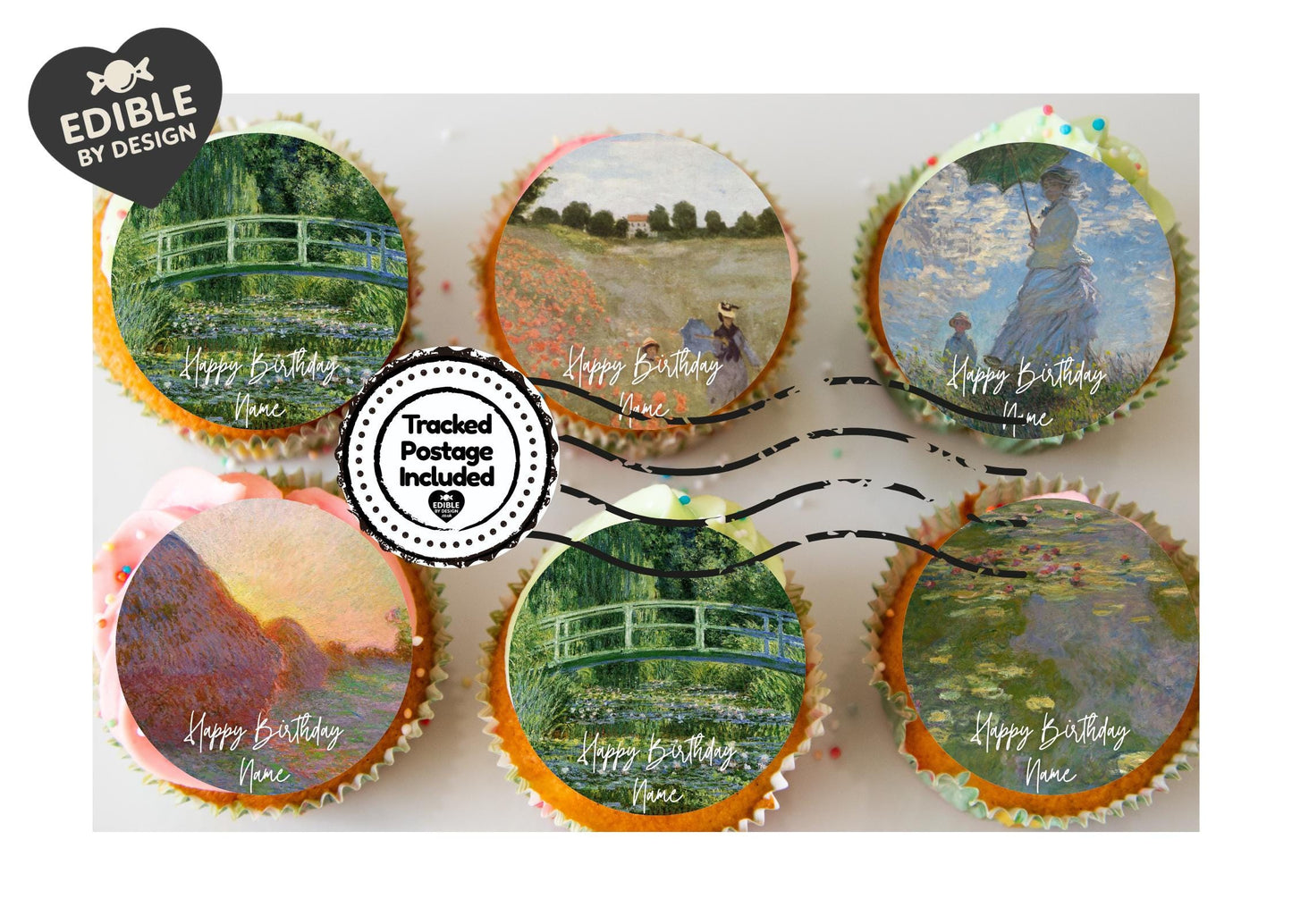 Personalised Monet Birthday Cake Toppers: Edible Icing or Wafer designs include Water Lilies, Japanese Bridge
