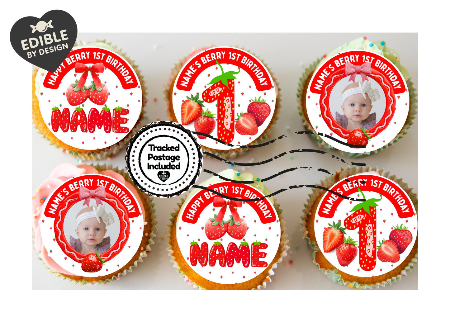 Personalised Photo Berry First Birthday Cake Toppers: Edible Icing or Wafer matching Invitations Stickers Balloon Party Pack