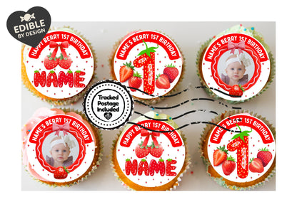 Personalised Photo Berry First Birthday Cake Toppers: Edible Icing or Wafer matching Invitations Stickers Balloon Party Pack