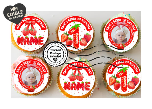 Personalised Photo Berry First Birthday Cake Toppers: Edible Icing or Wafer matching Invitations Stickers Balloon Party Pack