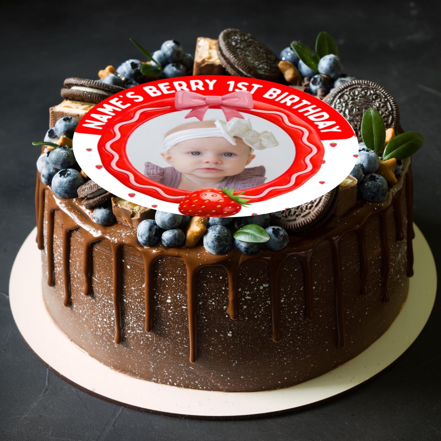 Personalised Photo Berry First Birthday Cake Toppers: Edible Icing or Wafer matching Invitations Stickers Balloon Party Pack
