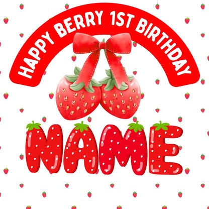 Personalised Photo Berry First Birthday Cake Toppers: Edible Icing or Wafer matching Invitations Stickers Balloon Party Pack