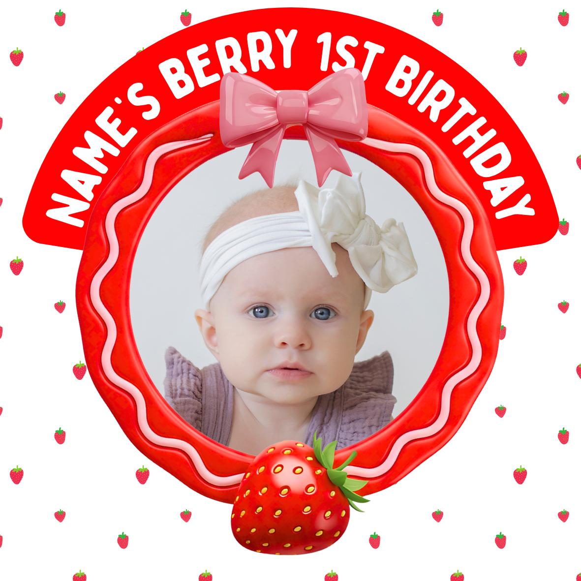 Personalised Photo Berry First Birthday Cake Toppers: Edible Icing or Wafer matching Invitations Stickers Balloon Party Pack