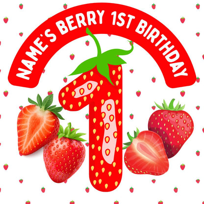 Personalised Photo Berry First Birthday Cake Toppers: Edible Icing or Wafer matching Invitations Stickers Balloon Party Pack