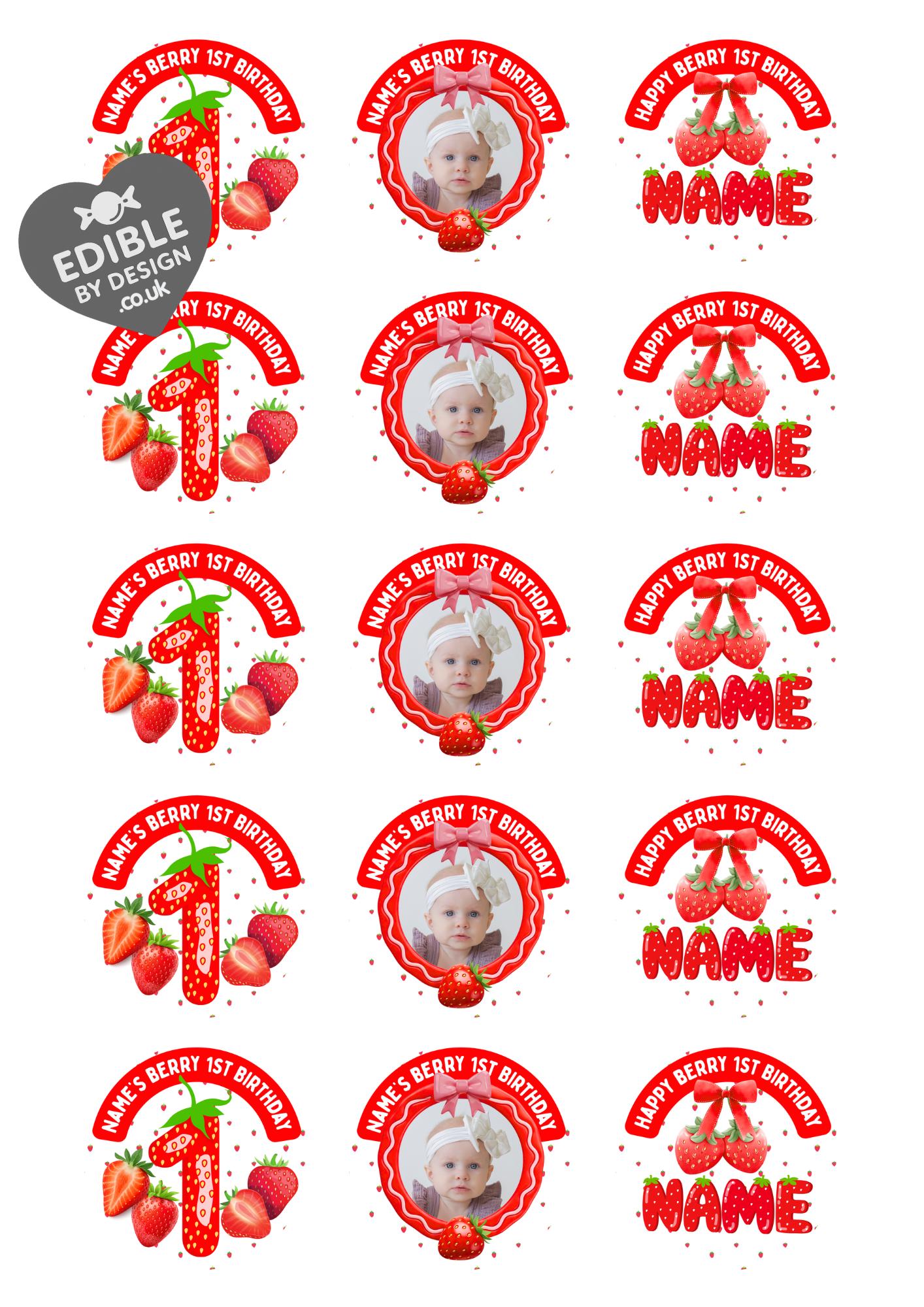 Personalised Photo Berry First Birthday Cake Toppers: Edible Icing or Wafer matching Invitations Stickers Balloon Party Pack