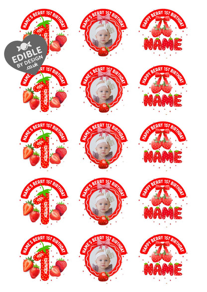 Personalised Photo Berry First Birthday Cake Toppers: Edible Icing or Wafer matching Invitations Stickers Balloon Party Pack