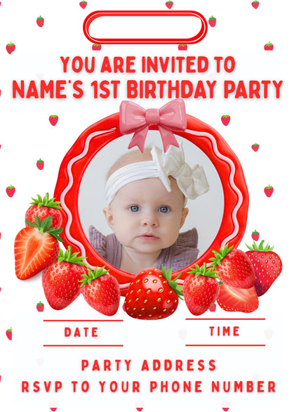 Personalised Photo Berry First Birthday Cake Toppers: Edible Icing or Wafer matching Invitations Stickers Balloon Party Pack