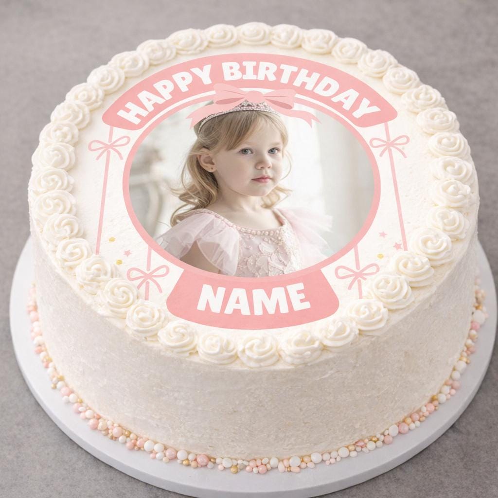 Personalised Pink Bow Photo Birthday Cake Toppers matching Invitations Stickers Balloon Party Pack