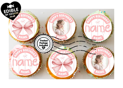 Personalised Pink Bow Photo Birthday Cake Toppers matching Invitations Stickers Balloon Party Pack