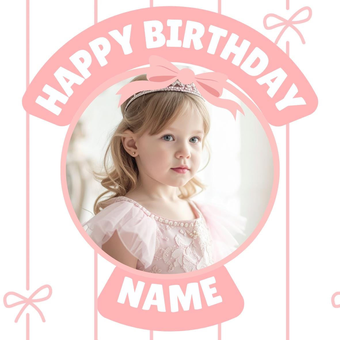 Personalised Pink Bow Photo Birthday Cake Toppers matching Invitations Stickers Balloon Party Pack