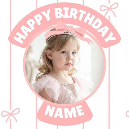 Personalised Pink Bow Photo Birthday Cake Toppers matching Invitations Stickers Balloon Party Pack