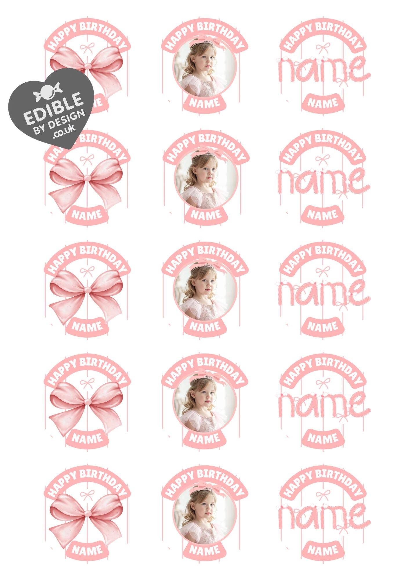 Personalised Pink Bow Photo Birthday Cake Toppers matching Invitations Stickers Balloon Party Pack