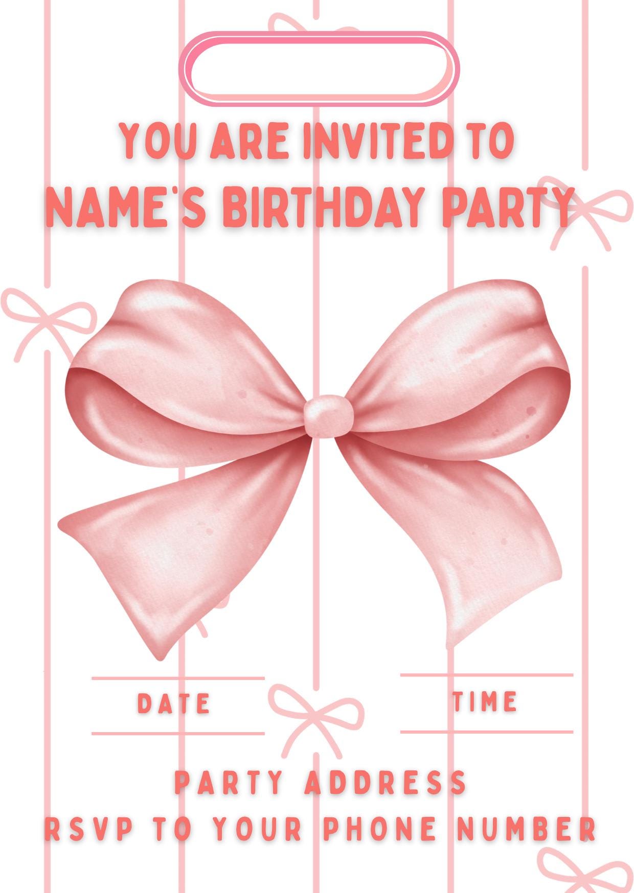 Personalised Pink Bow Photo Birthday Cake Toppers matching Invitations Stickers Balloon Party Pack