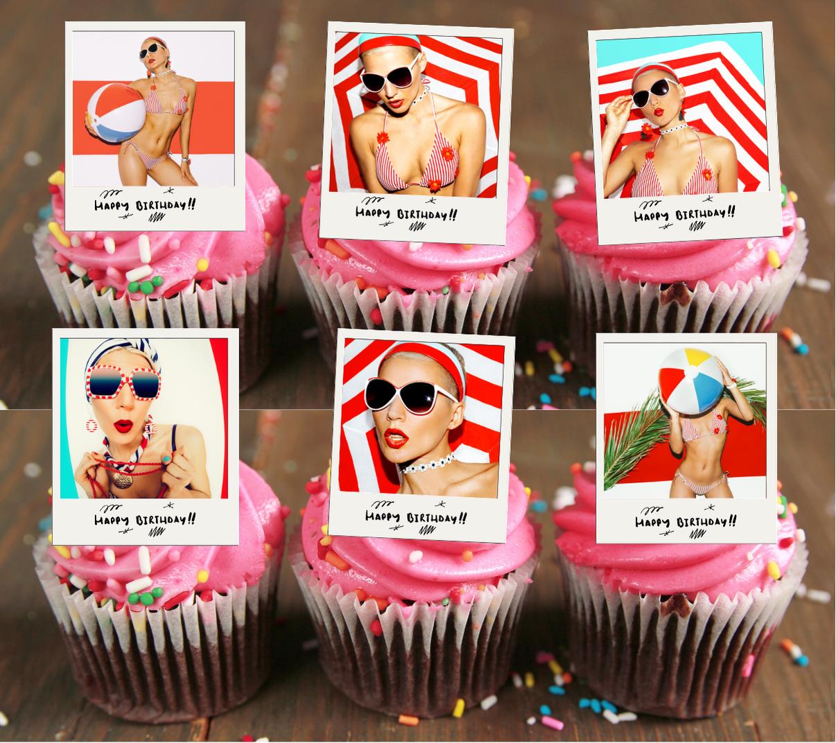 6 Personalised Polaroid Photo Stand Up Cupcake Toppers: Edible Wafer Card