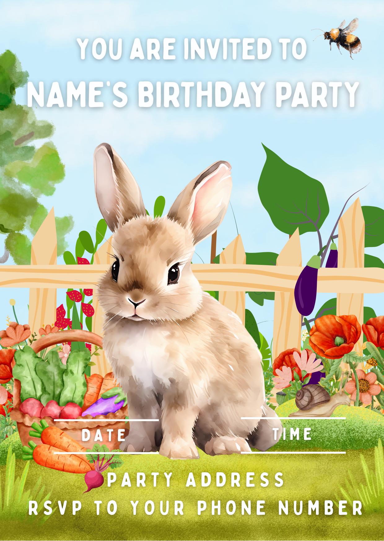 Personalised Rabbit Garden Cake Toppers: Edible Icing or Wafer matching Invitations Stickers Balloon Party Pack